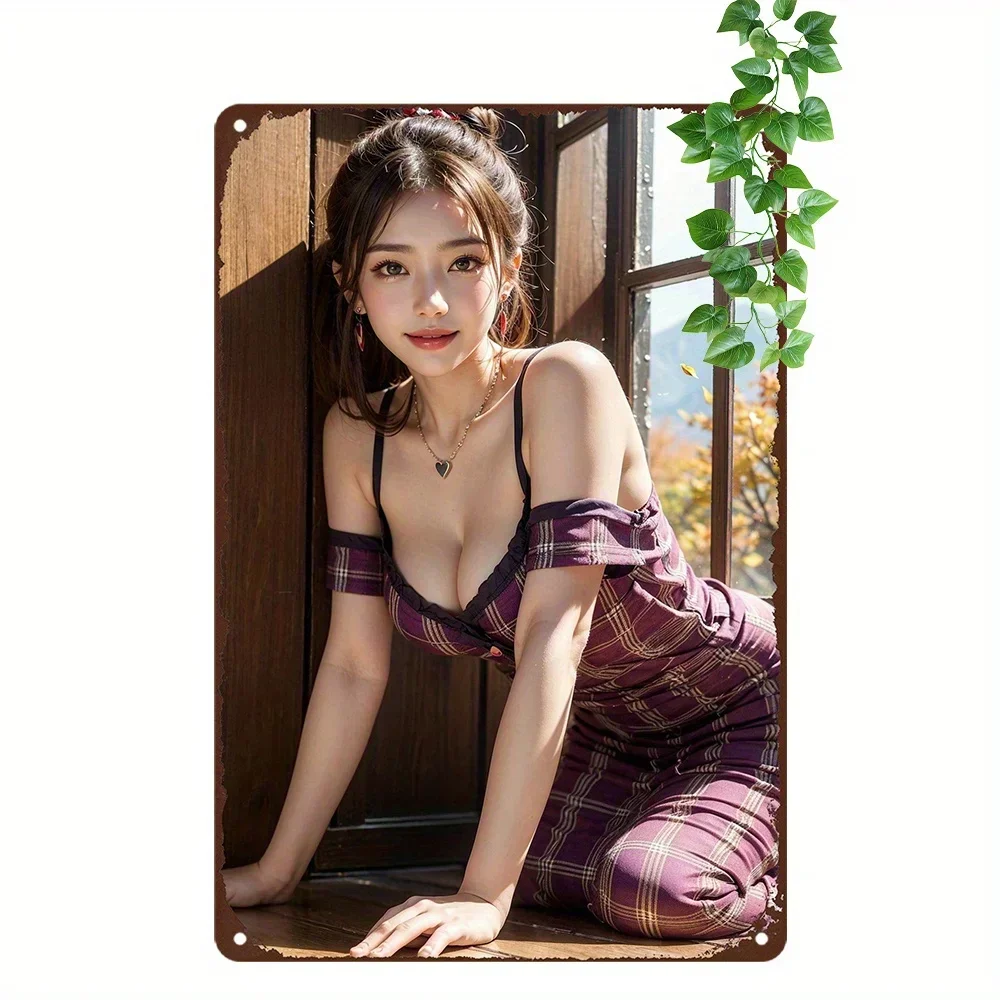1pc Vintage Anime Girl Metal Sign 8x12 Inch Wall Art Decor for Man Cave Home Garage