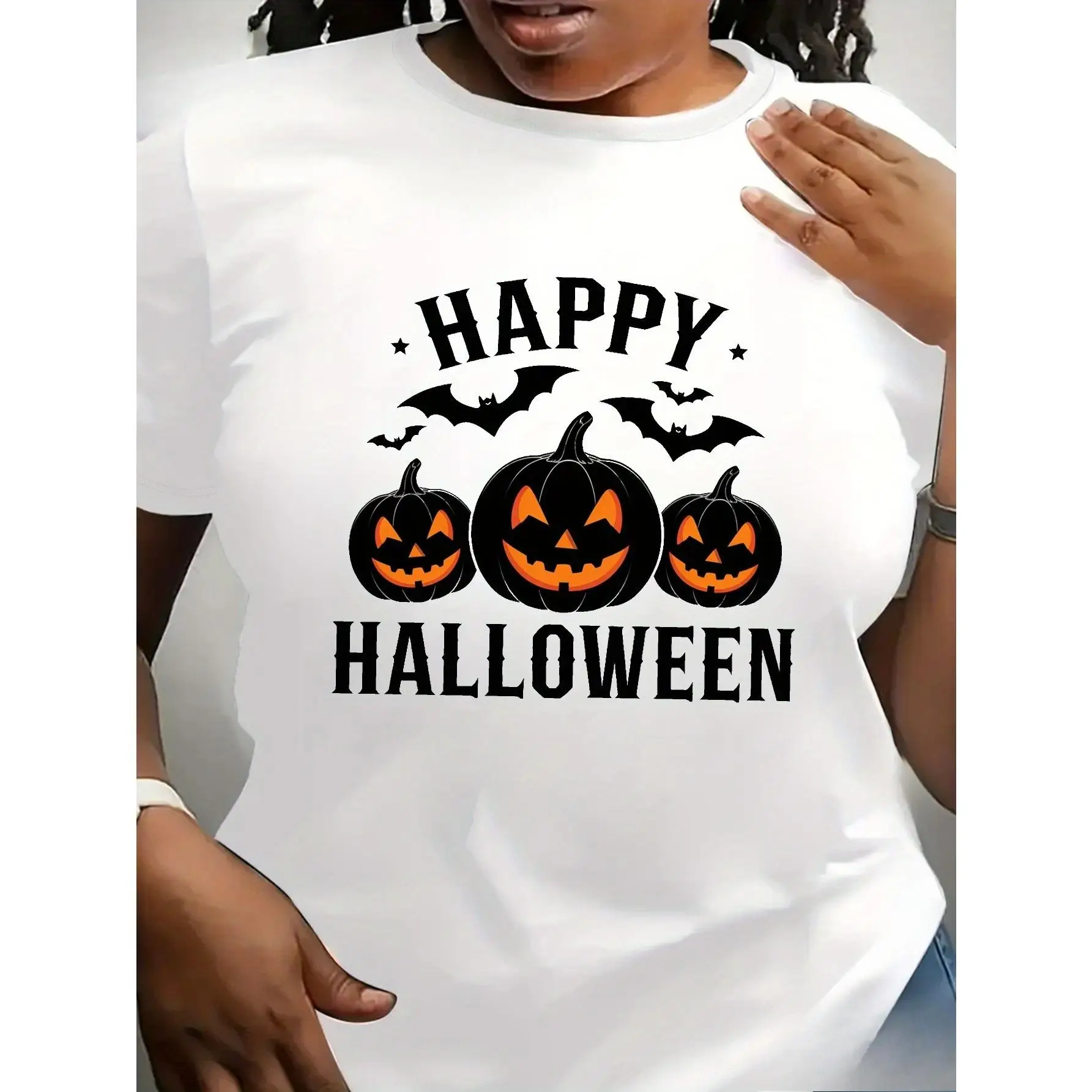 

Women's T-Shirt, Happy Halloween, Graphic Print, Spooky Pumpkin, Bats Print, Crewneck, Party, Trick or Treat