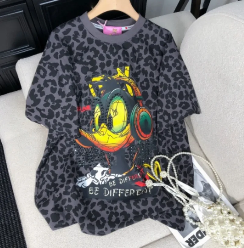 Unique Design Cartoon Diamond Drills All-Match Flowers Short-Sleeved T-shirt Women's Fashion Loose Mid-Length Slimming Tees Girl