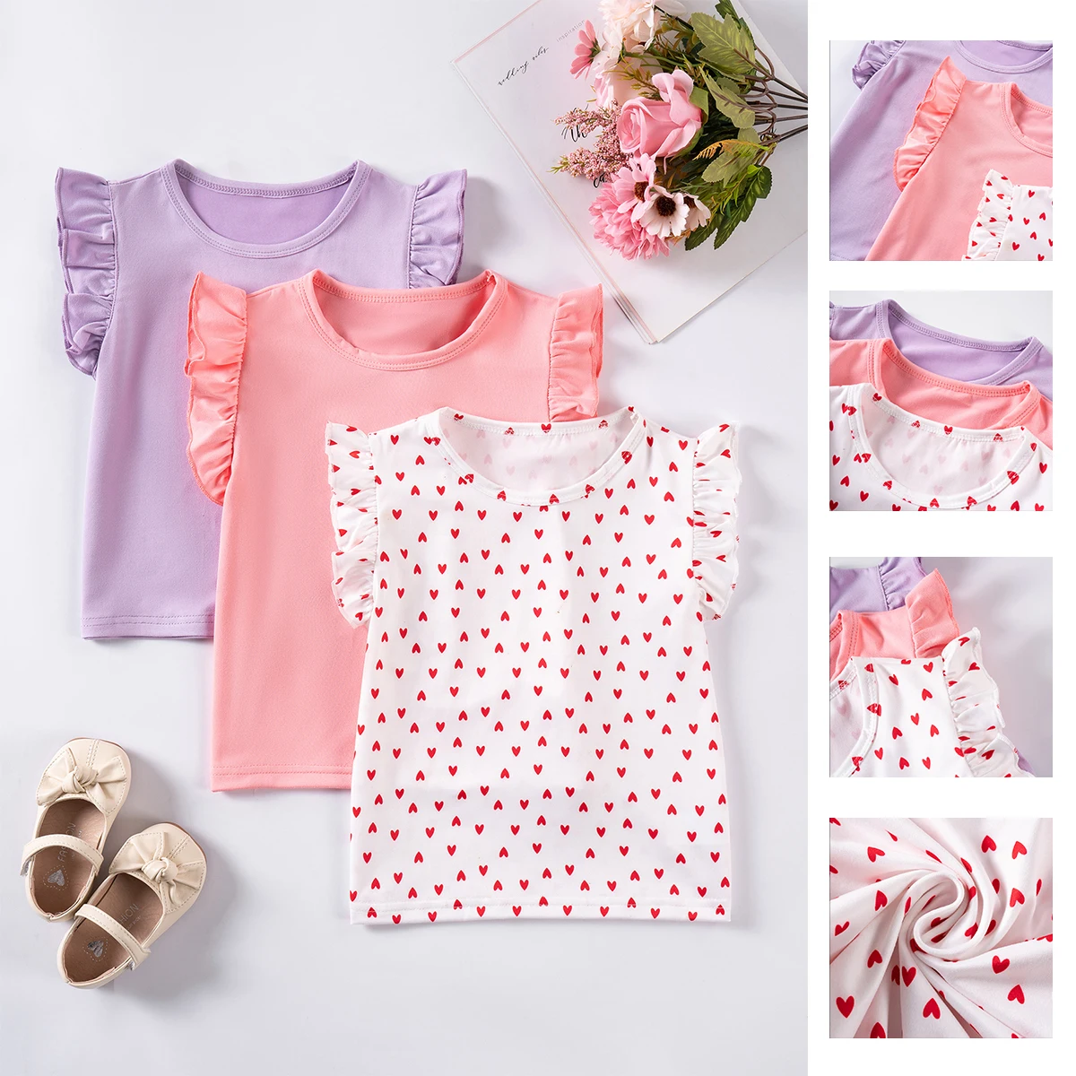 3pcs Summer Girls T-Shirt Solid Color and Heart Full Print Children's Clothing Casual Three Piece Set Dash Sleeve Round Neck Top