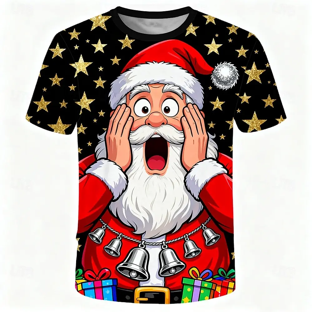 Christmas Men's 3D Print T-Shirt Cartoon Santa Claus Graphic Design Casual Round Neck short sleeve Tee Shirt Autumn Trendy Tops