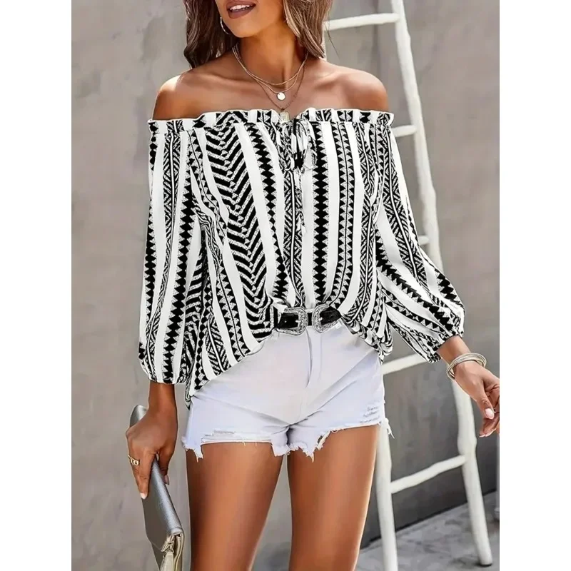 Plus ขนาด 1XL-5XL ผู้หญิงแขนยาวเซ็กซี่ Slash คอเสื้อ Casual Lacing Up พิมพ์เสื้อ Elegant หญิง Backless เสื้อหลวม