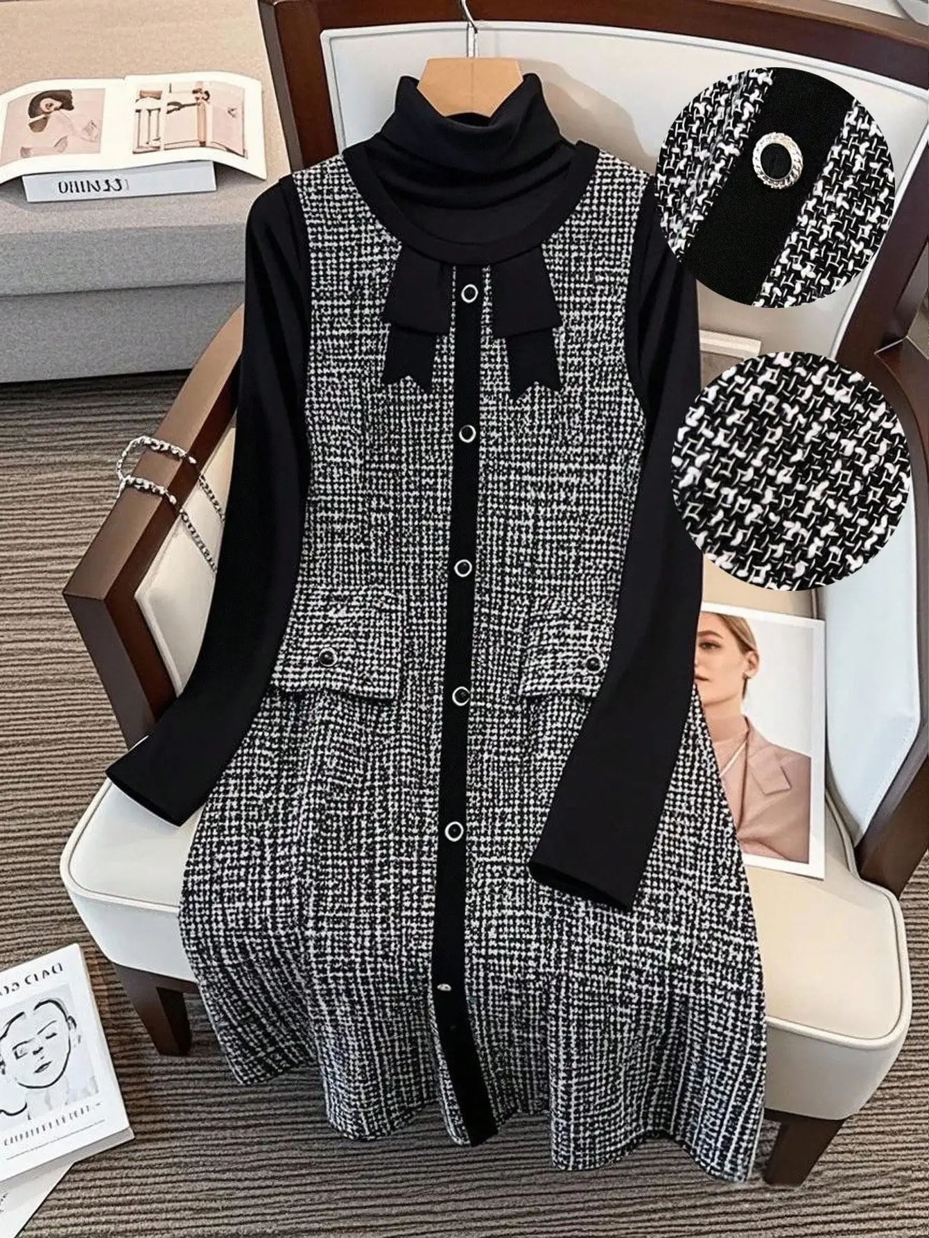 

Черно-белое твидовое платье без рукавов с бантом на горловине и застежкой на пуговицах спереди