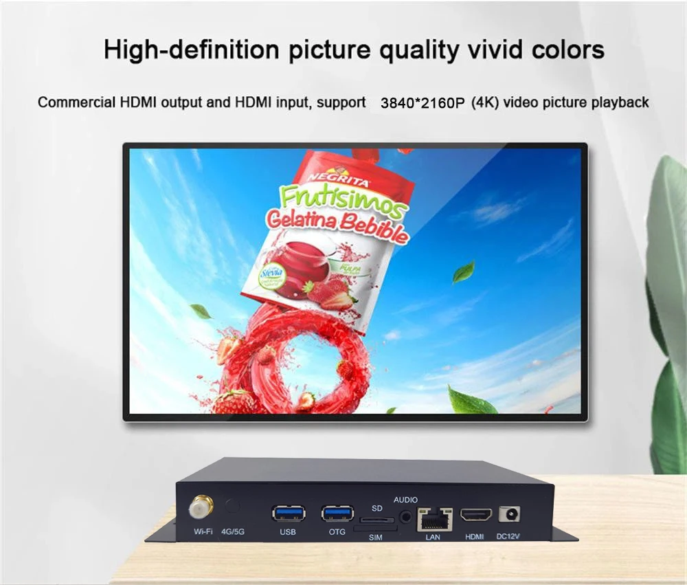 RK3568 Gehäuse 4K UHD HD-MI IN/OUT 4G Modul WLAN Android 11.0 2+32G Wide-Area-Netzwerk CMS LCD Digitaler Werbebildschirm Videoplayer – Detail 5