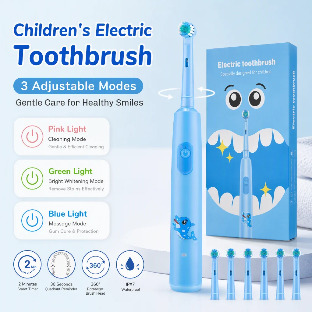 Rechargeable Smart Toothbrush for Children Cleaning Whitening & Massage 3 Modes IP67 Electric Cartoon Toothbrush 2-Min Timer