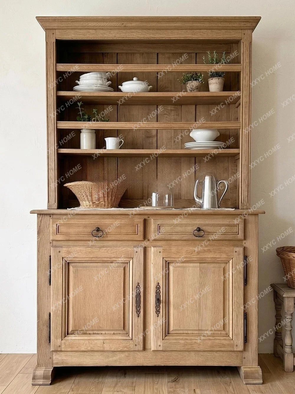 Vintage white oak dining side cabinet rustic solid wood cupboard bookcase open grid tea storage wine cabinet