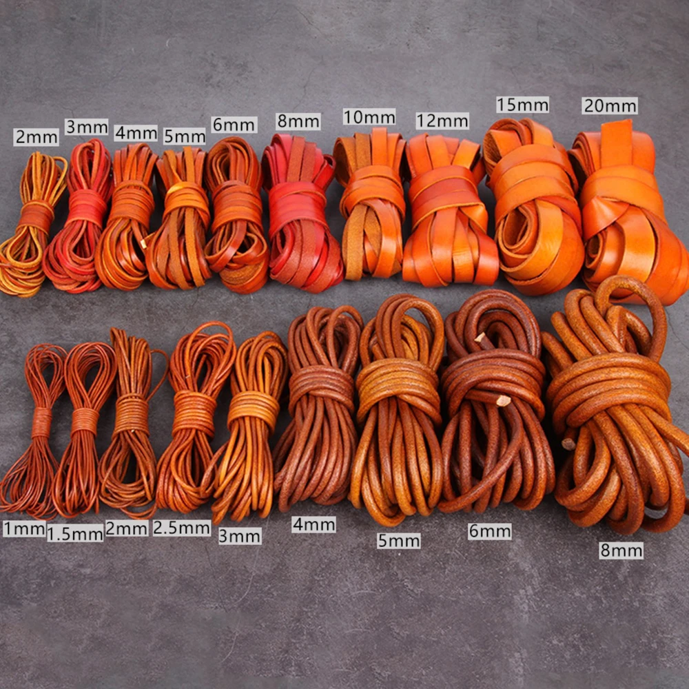 2 Meter Width 2-20mm Retro Yellow Coffee Cow Leather Strap Findings Flat/Round Leather Cord String Rope DIY Bracelet Making