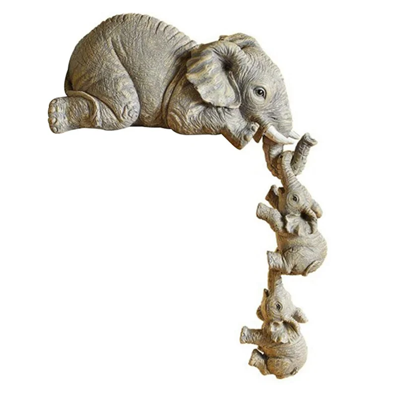 ABKJ-Elephant Resin Ornaments 3-Piece Decor, 1 Elephant Mothers And 2 Babies Hanging On The Edge Of Handicraft Statues