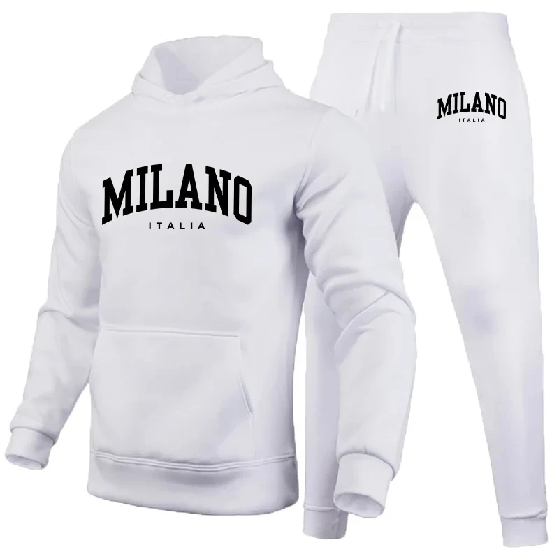 Men\'s Luxury Hoodie Set Milano Print Sweatshirt Sweatpant for Male Hooded Tops Jogging Trousers Suit Casual Streetwear Tracksuit