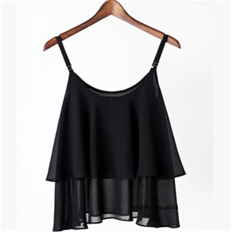 2024 Summer Double ruffles Blouses&shirts,Spagetti Strap Vest Tops blusas vestidos sexy chiffon vest