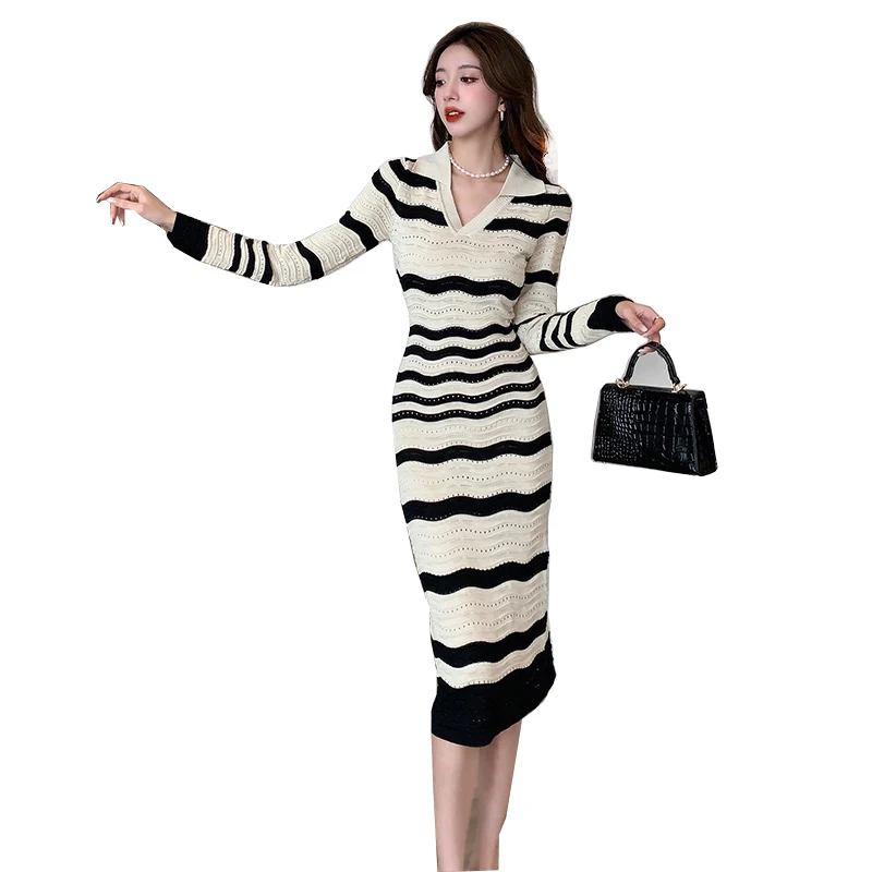 Women's striped knitted dress 2024 autumn/winter new collection waist slimming temperament long sleeved bottom skirt