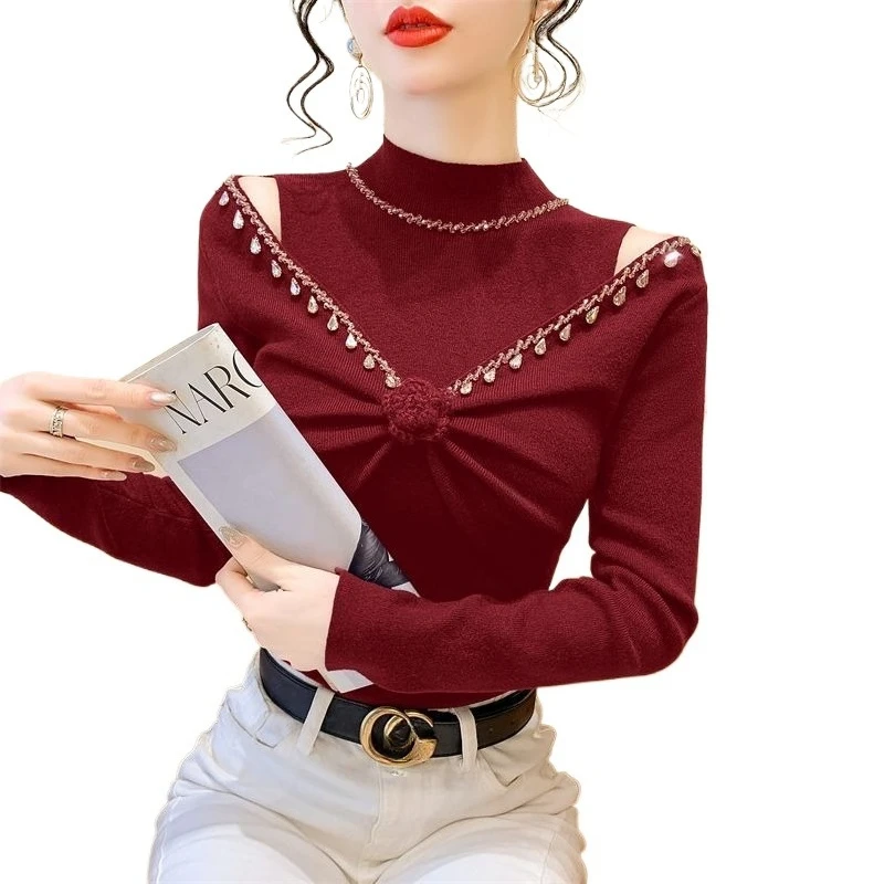 

Semi-turtleneck Three-dimensional Flower Two-piece Knitted Sweater Off-the-shoulder Sweater Top Slim-fitting Design Versatile