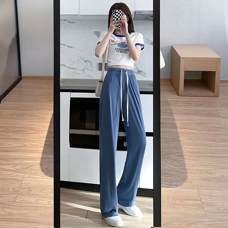 

Summer Ice Silk Wide Leg Pants Women Thin Chiffon Moped Pants High Waist Loose Straight Pants Slim Street Fashion Casual Pants