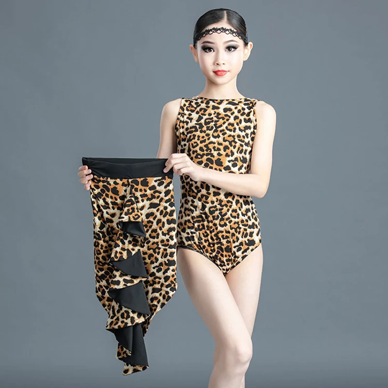 Kids Ballroom Performance Clothing Girls Latin Dance Costume Leopard Top Skirts Children\'S Latin Competition Dance Dress SL7174