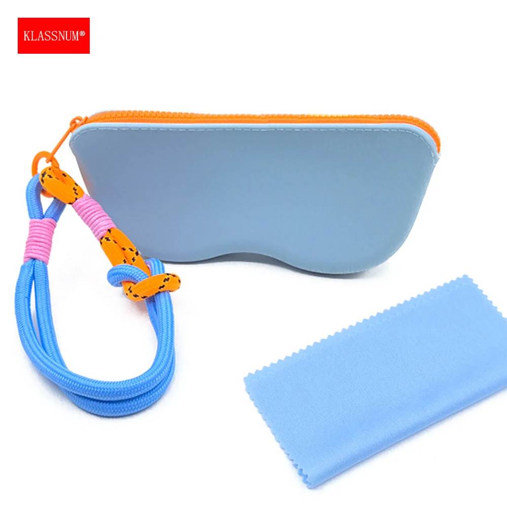 KLASSNUM Soft Silicone Glasses Pouch with Braided Wrist Strap Wiping Cloth Children Women Portable Protective Sunglasses Bag New
