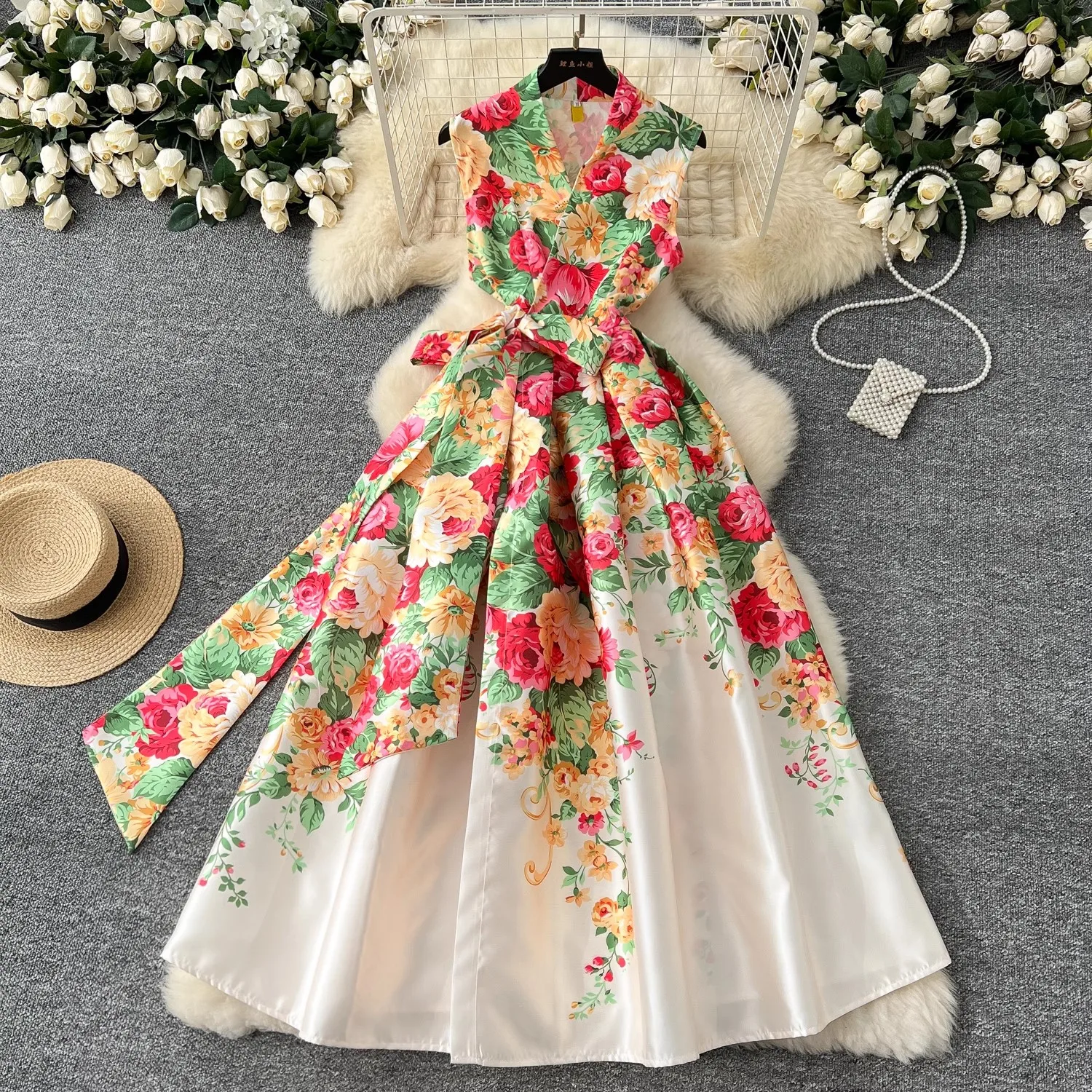 

Vintage Floral Bandage Lace Up Wrap Dress Women's Sleeveless Cross V Neck Thick Stain Flower Print Pocket Boho Party Clothes