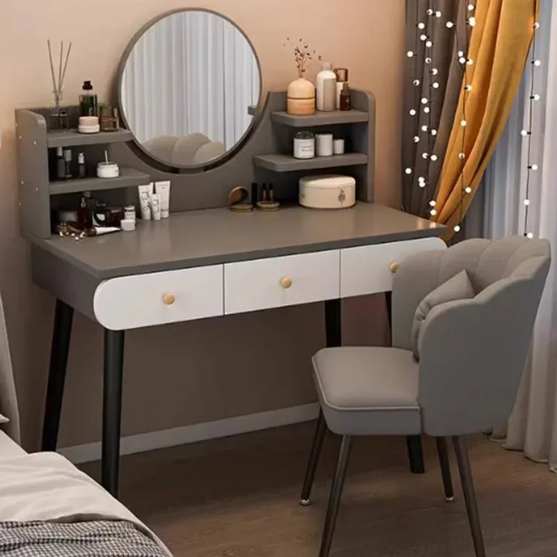 Girl Modern LED Dressing Table Make Up Desk Texture Lights Dressing Table Wood Cabinet Bedroom Furniture