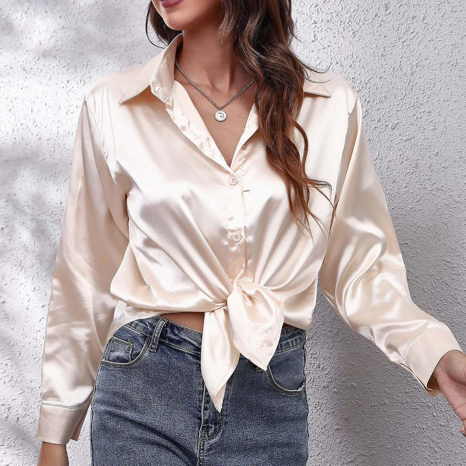 

Fashion Women's Long Sleeved V-Neck Solid Color Shirt Satin Imitation Silk High Street Breathless Daily Chemise Elegant Mujer