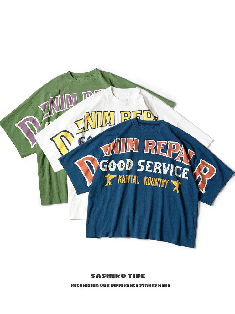 

23SS KAPITAL Japanese five-quarter-sleeved three-color letter-printed loose round neck short-sleeved T-shirt