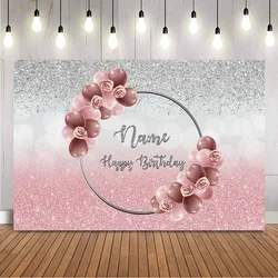 Customize Name Birthday Backdrop Sliver Glitter and Pink Background for Photo Studio Burgundy Red Balloons Photocall Vinyl Cloth