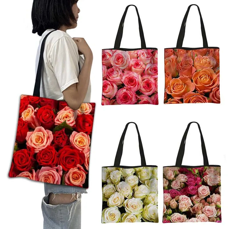 Custom Rose Flower Pattern Print Shoulder Bag Girls Large Capacity Reusable Totes Women Foldable Portable Shopper Bags Gift