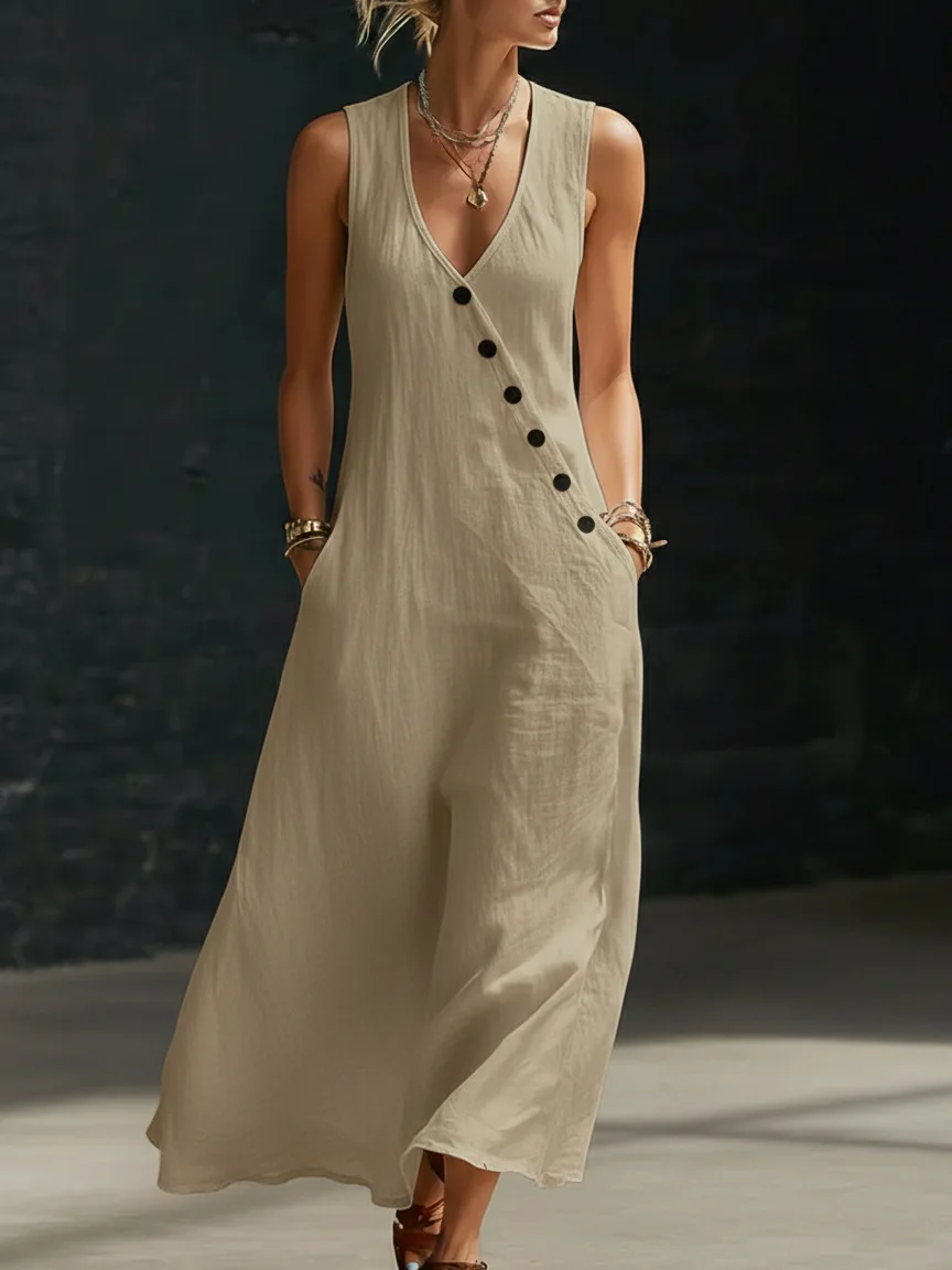 2026 Sommer Damen Baumwoll-Leinen A-Linien-Maxikleid mit V-Ausschnitt, ärmellos, asymmetrisch, Knopfleiste, Westenkleid, locker geschnitten, lässig, für den Urlaub am Strand – Detail 10