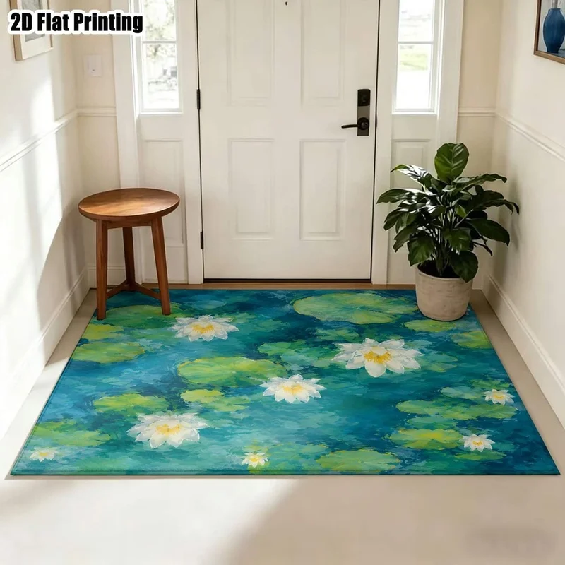 1Pc French Pastoral Water Lily Printed Carpet, Bohemian Style Decorative Carpet, Suitable for Living Room, Bedroom, Dining Room, Bedside, Indoor and Outdoor Patio, Home Decoration Accessories