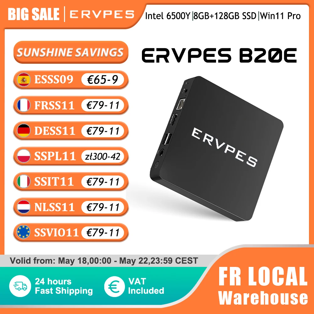 Mini PC ERVPES B20E Intel 6500Y Windows 11 DDR3 8 Go de RAM 128 Go SSD HDMI VGA WIFI5 BT 5.0 USB Ordinateur de bureau compact