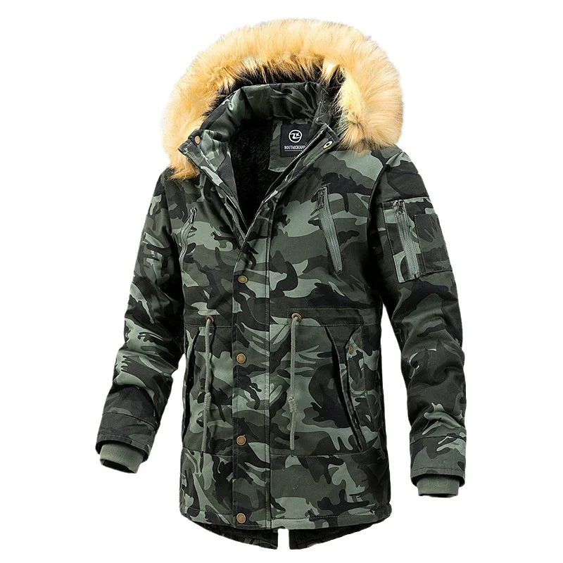 Winter Men Cargo Coat Winter Thicken Fleece Printed Stand Collar Male Jacket Mid Length Long Sleeve Pocket Hooded Man Outerwear