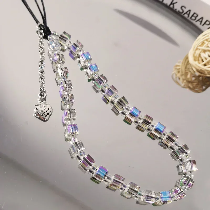 Crystal Sugar Bead Phone Chain Charm Strawberry Pendant CCD Camera Hanging Chain Phone Case Hanging Rope Colorful Wrist Chain