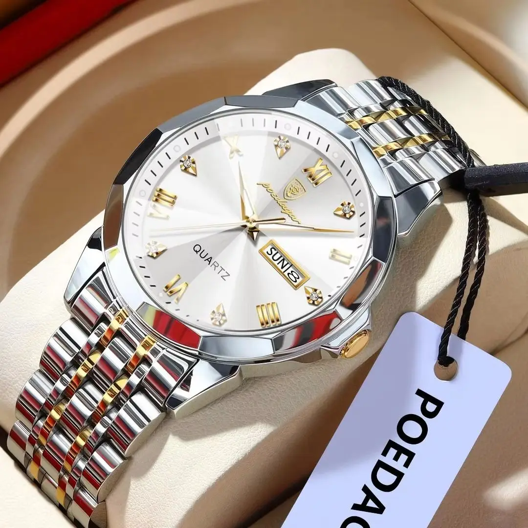 POEDAGAR ساعة رجالية أصلية فاخرة مقاومة للماء مضيئة للتاريخ أسبوع رجل الأعمال ساعة كوارتز من الفولاذ المقاوم للصدأ ساعات رجالية عصرية