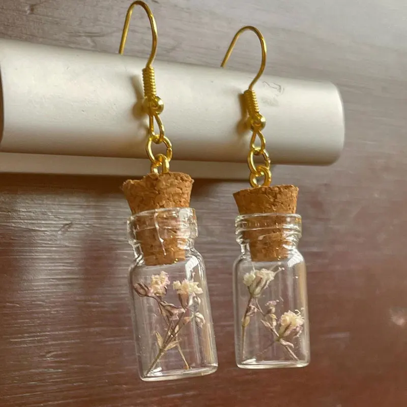 fairy jar drop earrings with dried flowers, real baby breath earrings, cottage cottage core earings for women y2k