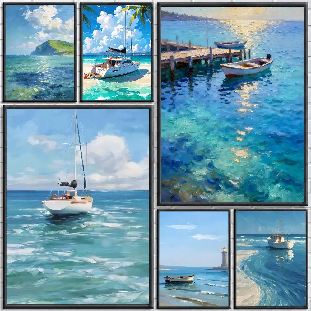 Art Beach Sea Ocean Boat painting Poster Self-adhesive Art Waterproof Paper Sticker Coffee House Bar Room Wall Decor