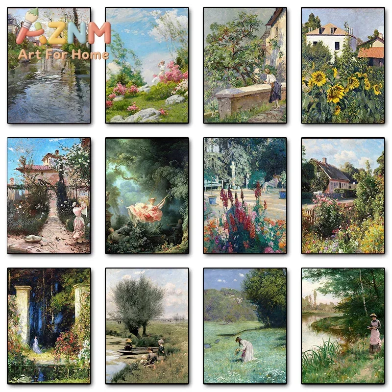 Vintage Landscape River Flowering Garden Forest Meadow Poster Print Wall Art Pictures Canvas Painting Living Room Home Decor