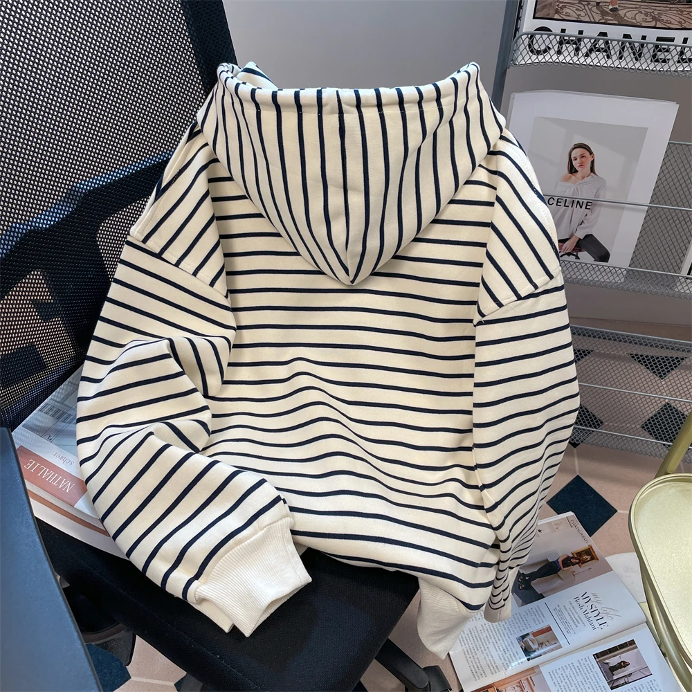 Color Blocking Striped Hooded Sweatshirt Korean Lazy Style Long Sleeved Cardigan Women Autumn Casual Versatile Oversized Jacket