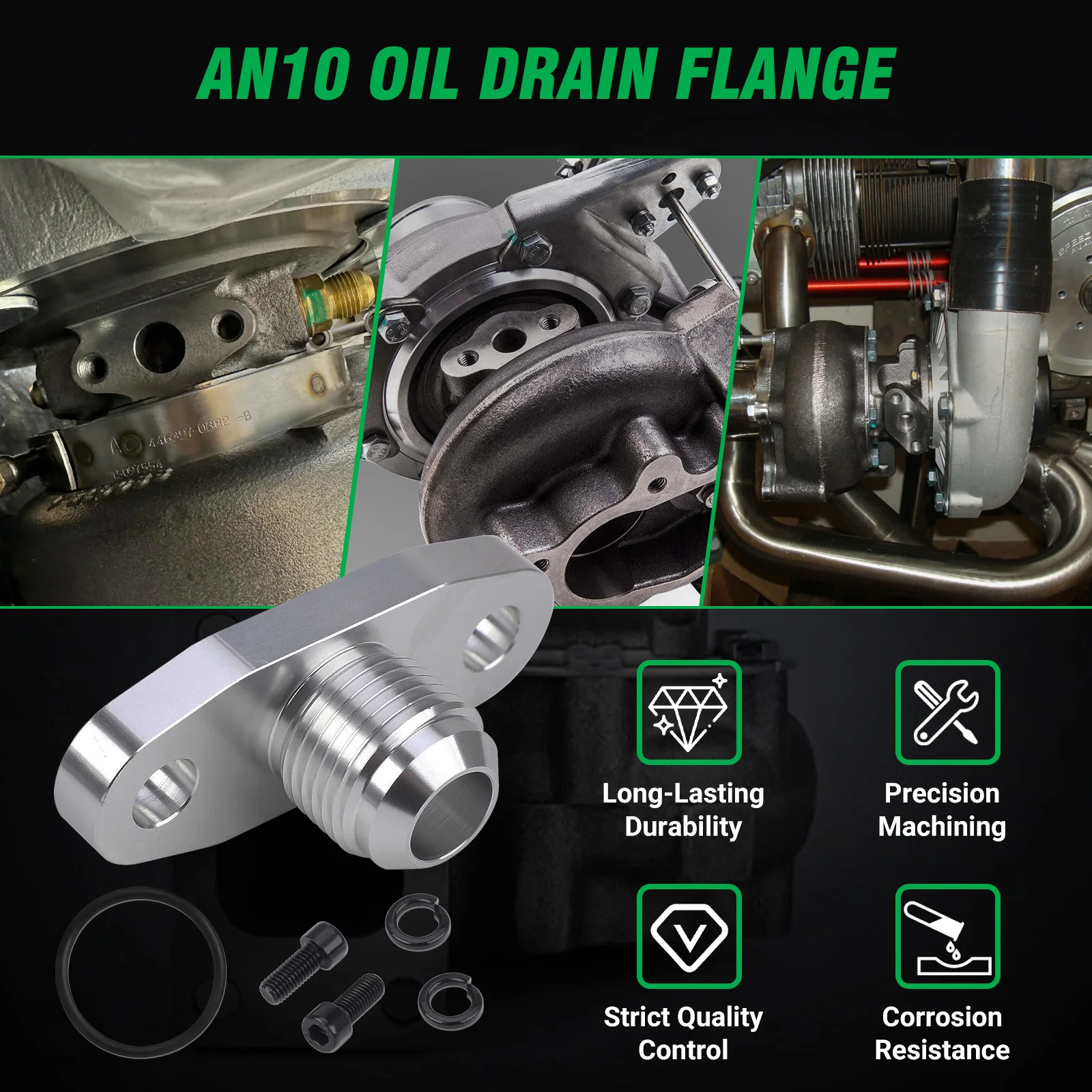 

Car Turbo Oil Drain Return Flange Updated Adapter AN10 Leakproof Female Sliver CNC Process For T3 T4 GT28 GT30 GT35 T25 YC101455