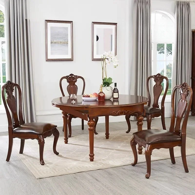 A  American solid wood dining table variable round table modern simple restaurant one table 6 chairs combination long  folding