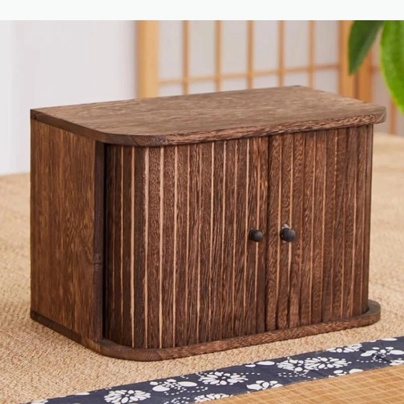 Solid Wood Storage Box Dustproof Display Rack Rolling Shutter Door Tea Storage Rack Cabinet Organizer Desktop Shelf