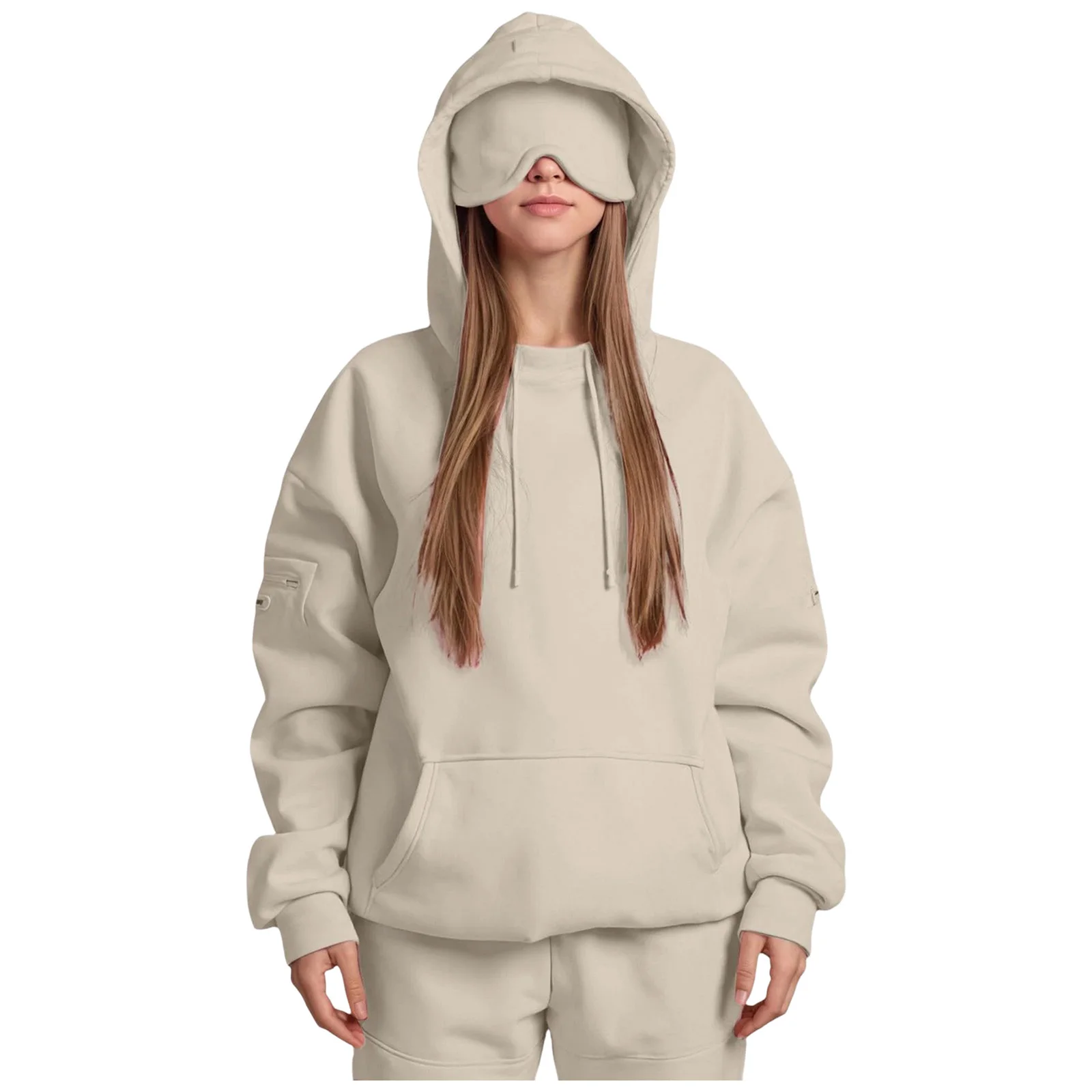 

Womens Hooded Sweatshirt with Built-in Eye Mask Long Sleeve Front Big Pockets Pullover Hoodie for Daily Office School