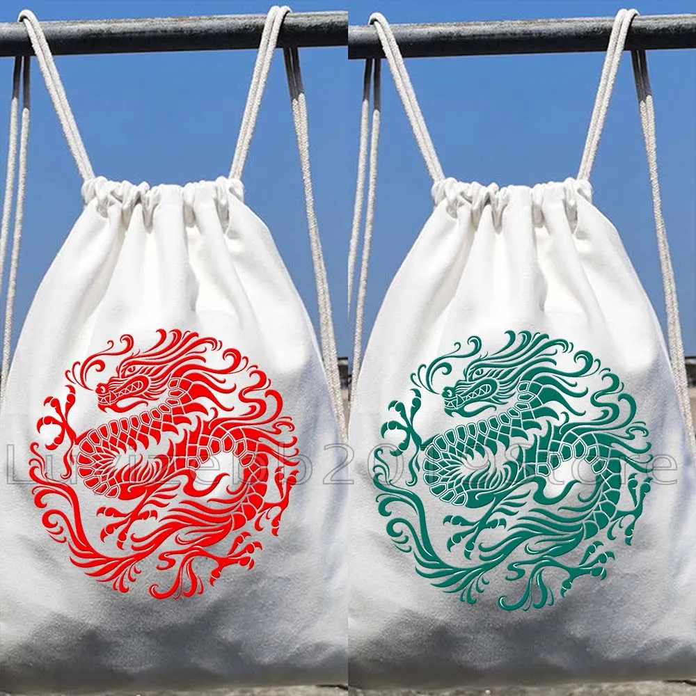 Traditional Red Blue Yellow Pink Chinese Dragon Circle Cute Gifts Drawstring Bags Soccer Backpack Gym Sports Sackpack String Bag