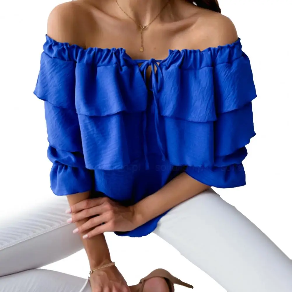 Women Fashion Slim Blouse Tops Fashion Solid Summer Off Shoulder Shirts Half Flounce Sleeve Chiffon Blouses Ruffles Tie-Up Tops