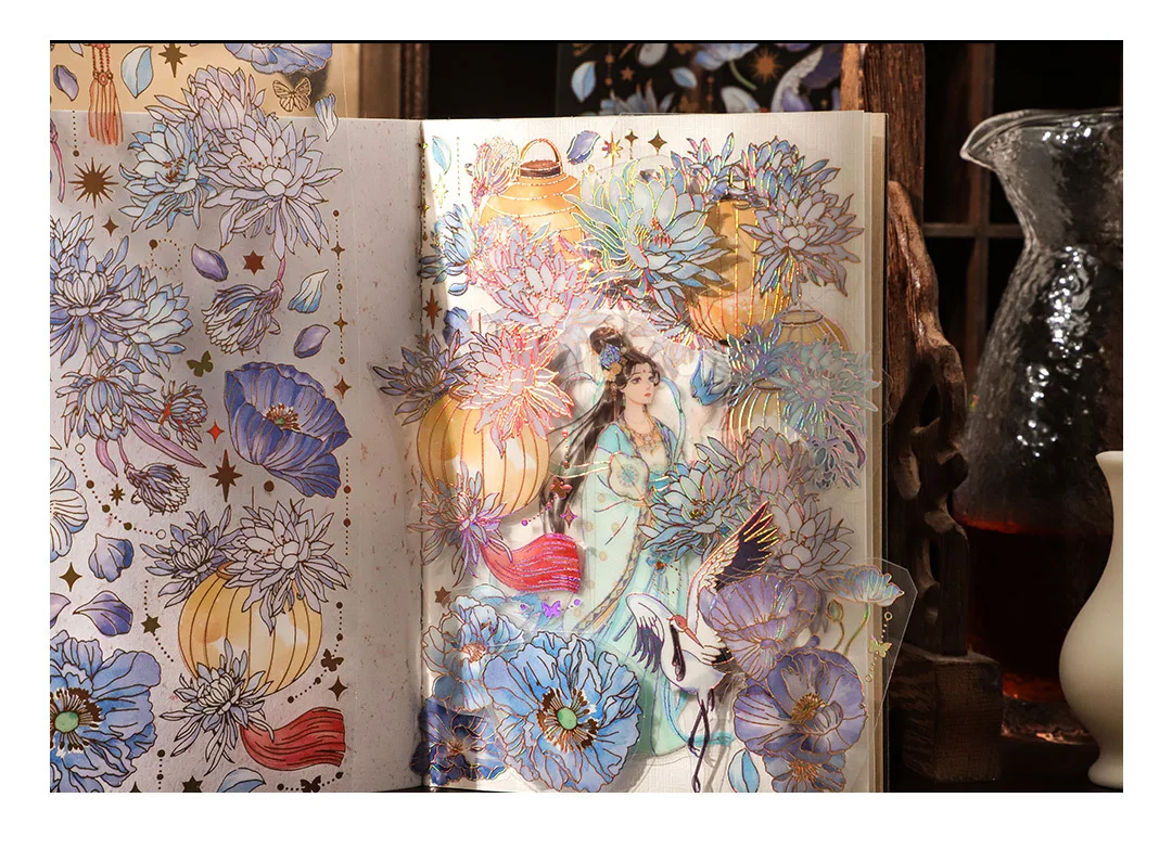 3 Sheets/pack Sky Light Flower Shadow Series 3D Color Hot Gilding PET Stickers China Retro Plants Scrapbook Decorations