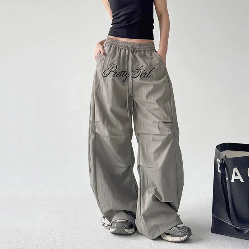 Pantalones Grises Estilo Y2K para Mujer, Pantalones Anchos con Bordado de Letras, Estilo Harajuku, Bolsillos Grandes, Pantalones Deportivos Holgados