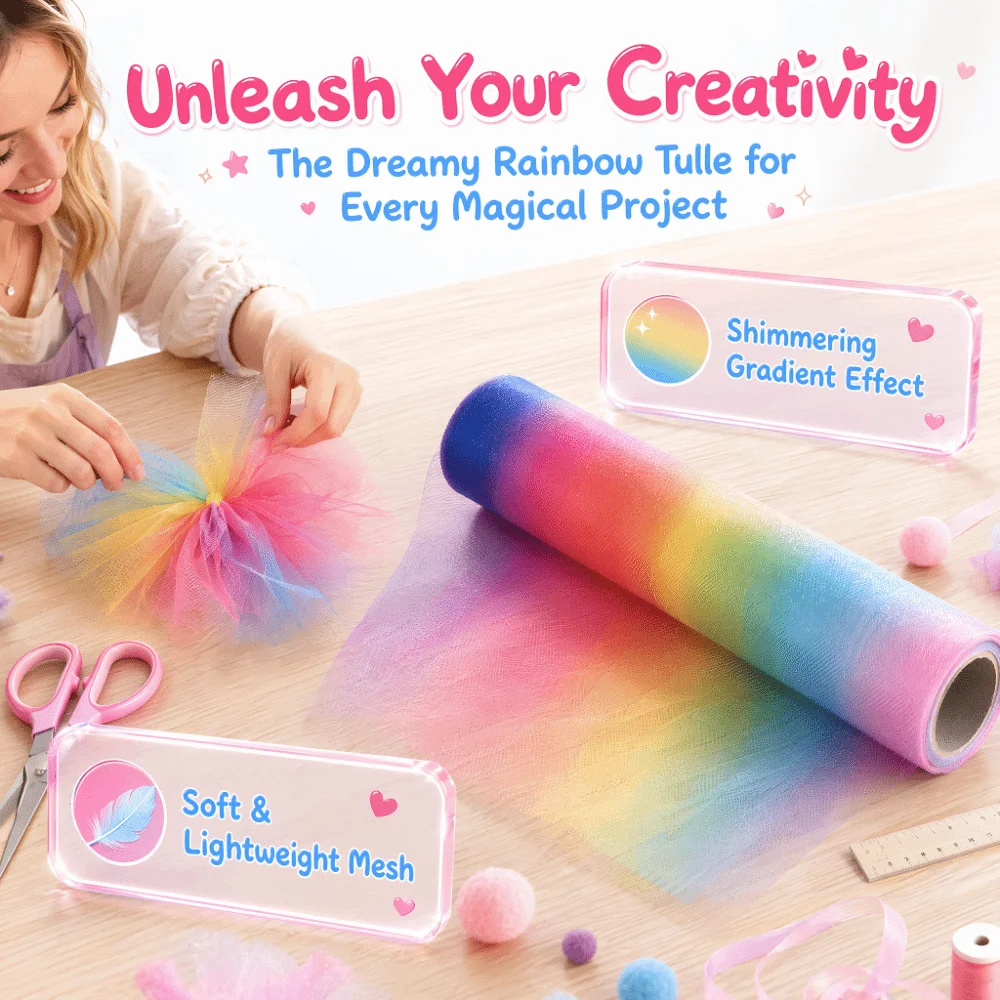 15cmX10Y Gradient Rainbow Tulle Roll Shimmer Flash Color Shift Iridescent Fabric Holographic Soft Mesh Roll Glitter Tulle