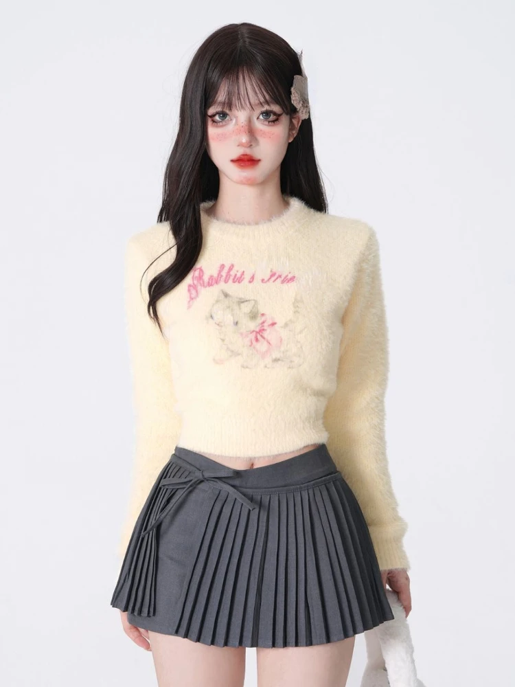 Kawaii Sweet Girl White O-neck Pullover Sweater Women 2024 Spring Long-sleeved Short Knitted Pullover Fashion Female Clothes