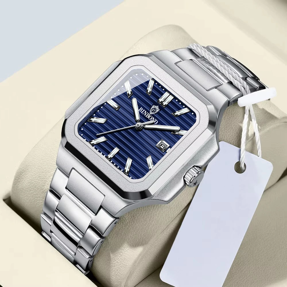 

Роскошные мужские квадратные кварцевые часы, часы из нержавеющей стали, водонепроницаемые светящиеся наручные часы с датой, повседневные мужские часы