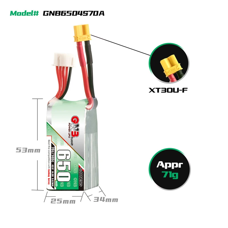 2/4/6/8/10 pezzi GNB 14.8V 4S 650mAh HV Lipo batteria 70C/140C per DYS FPV Racing Drone 4 assi RC Drone parti con spina XT30U-F