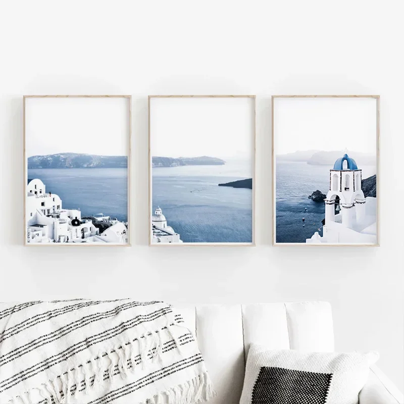 Santorini Greece Light Blue Print Poster Travel City Art Modern Minimalist Bedroom Decoration Canvas Painting Wall Art