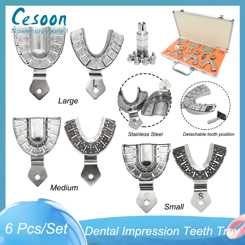 

6 Pcs Dental Implant Impression Tray Teeth Holders Full Mouth Removable Partial Mold Tray Stainless Steel Dentist Tool S/M/L