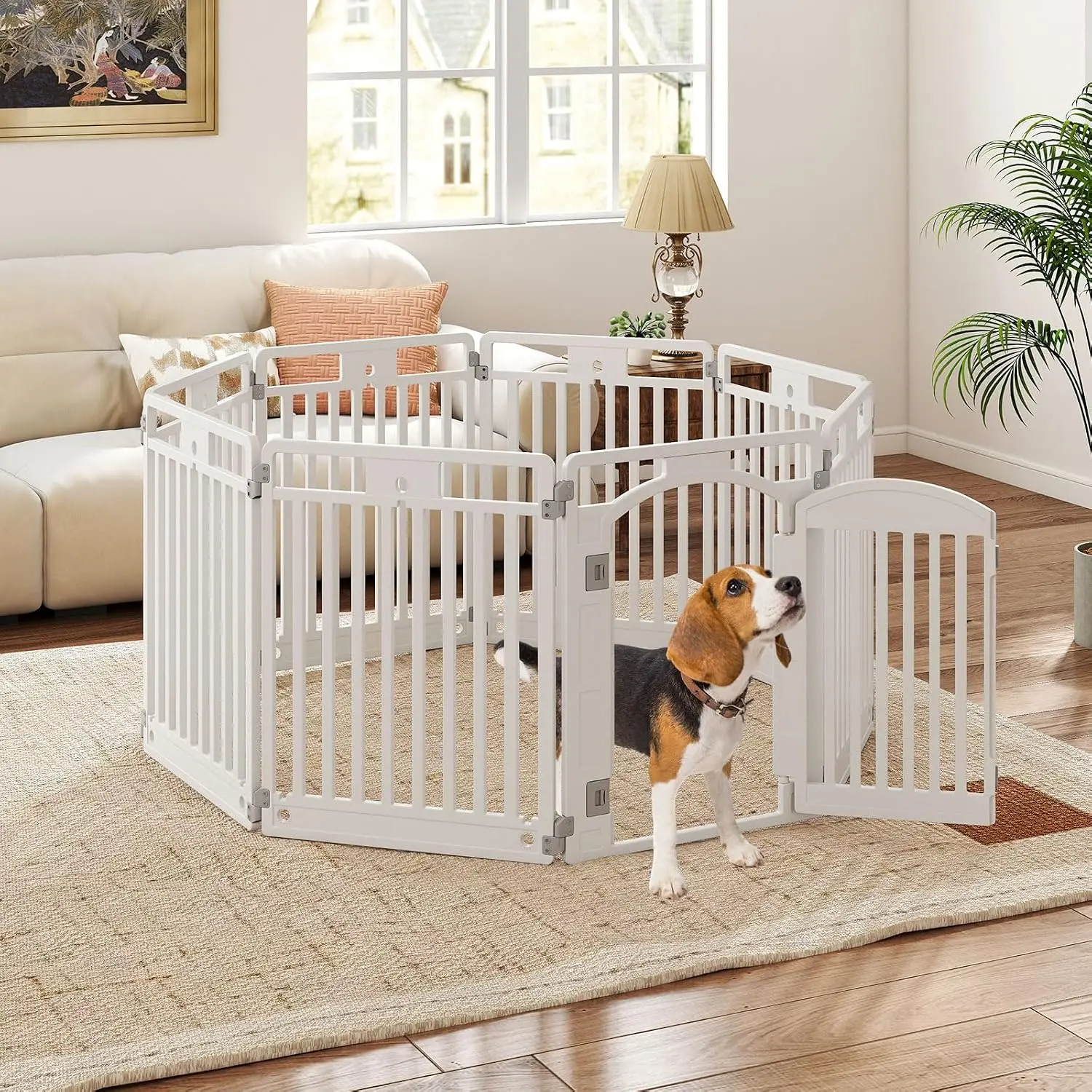 8-Panel Plastic Dog Playpen with Door, 32 Inch Tall Portable Shape-Customizable Pet Playpen Indoor Outdoor, Ideal for Small & Me